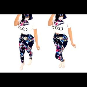 Women 2 Piece Lip-pattern Top+ Sexy bodycon Pant